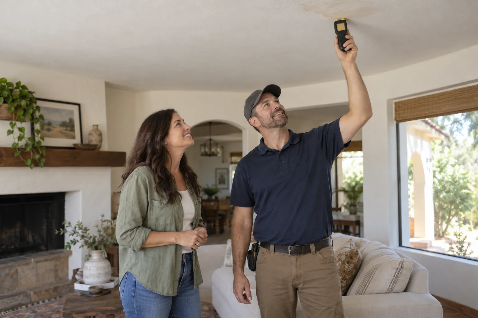 A friendly homeowner and a local mold provider reviewing a ceiling stain in a Riverside home